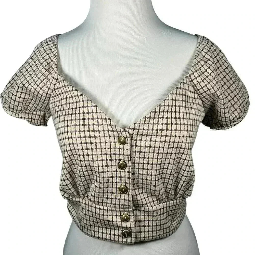 Haley &‎ June Plaid Button-up Crop Top Large